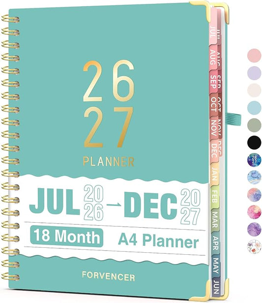 Jul 2026 - Dec 2027 Planner, Forvencer 18 Month Academic Planner 2026-2027, 8.5" x 11", Calendar Planner Weekly and Monthly, Daily Agenda Book, College School Supplies for Student Teacher, A4, Teal