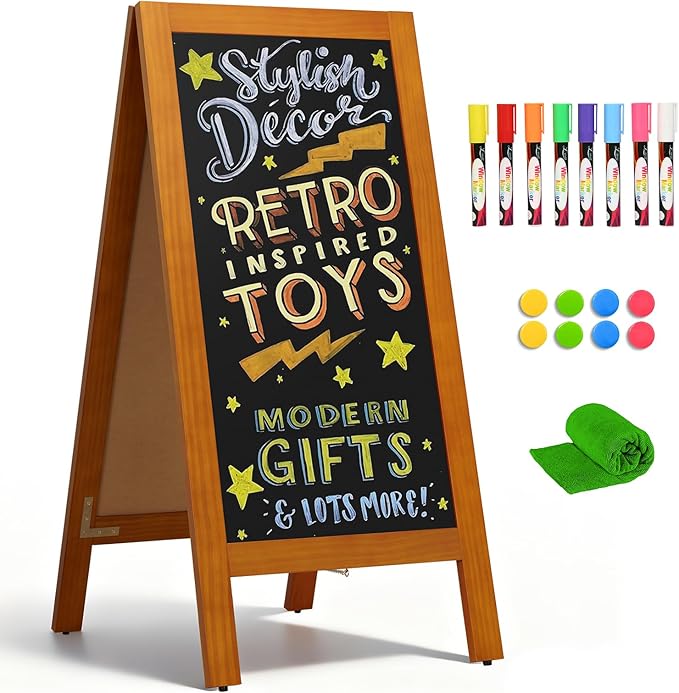 4 THOUGHT A-Frame Double-Sided Magnetic Chalkboard 40"x20", Solid Pine Wood Freestanding Sandwich Board for Restaurants, Cafes, Weddings (Caramel)