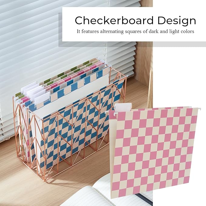 Y YOMA 6 Pack Decorative Hanging File Folders Letter Size Checkerboard Hanging Folder Pretty File Folder Organizer for Filing Cabinet Office Home with 1/5-Cut Adjustable Tabs, Peaceful Color
