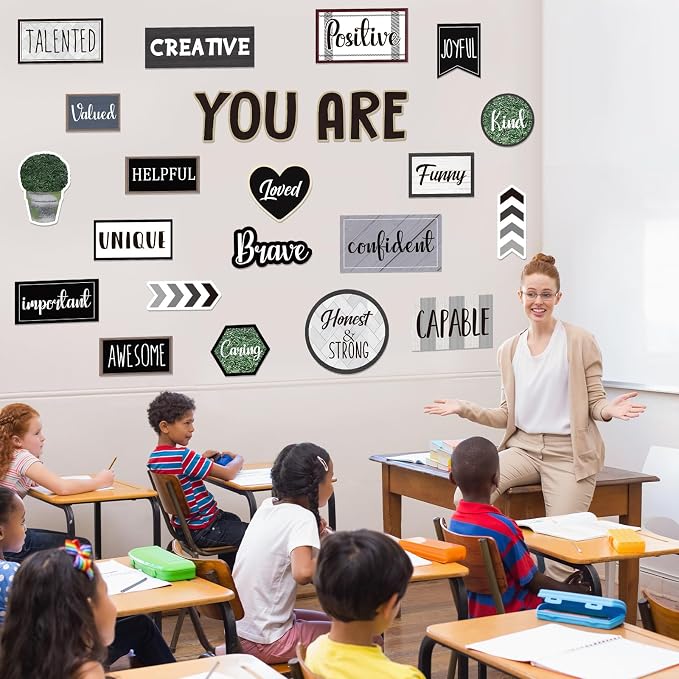 FYSUIMU 26Pcs Modern Farmhouse Inspirational Bulletin Board Decorations Motivational Sayings Paper Cutouts with 100Pcs Glue Points for Back to School Party Classroom Craft Wall