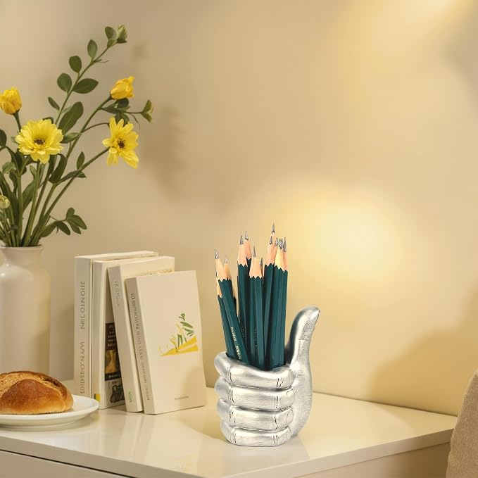 Thumbs Up Pen Holder and Phone Stand,Thumbs Up Very Good Pen Container Cell Phone Stand Holder Desk Organizer Decoration for Office Desk Home Decorative (silvery)