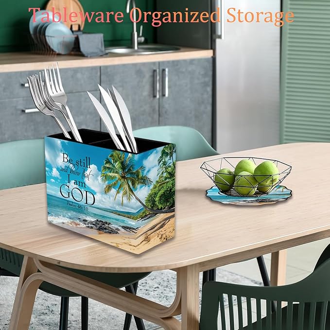 Pen Holder and Anti-Slip Mouse Pad Combination, Makeup Brush Storage Box, Tableware Storage Box, Suitable for Office and Home - Beaches and Palm trees