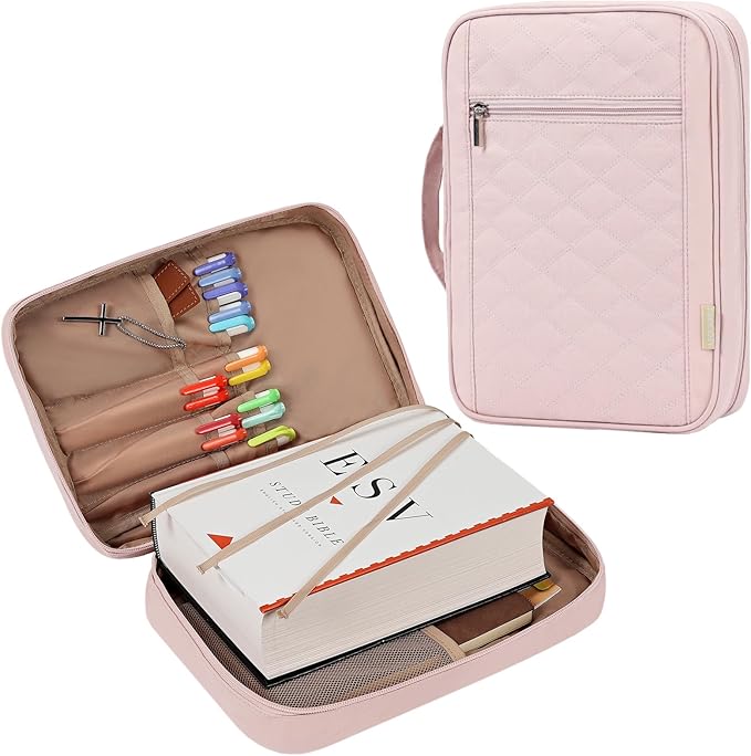 FINDCOZY Bible Cover Case for Women, Large Carrying Church Bag for Biblical Accessories with Handle, Pink
