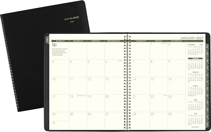 AT-A-GLANCE 2027 Planner, Monthly, 9" x 11", Tabbed, Unruled Daily Blocks, Recycled Black (70260G0527)