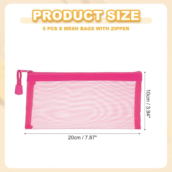PATIKIL A6 Mesh Zipper Pouch Bags, 5 PCS Mesh Bags with Zipper Plastic Storage Pocket for Organizing File Beads Office Home Supplies, 10x20cm, Rose Red
