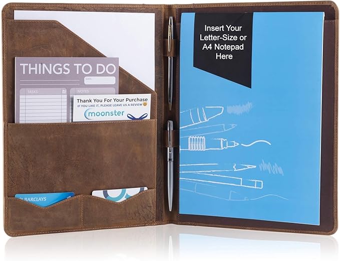 Moonster Leather Portfolio Professional Organizer Padfolio – Resume Folder with Luxury Pen - Leather Binder Portfolio Writing Pad with Business Card Holder - Portfolio Folder for Men & Women
