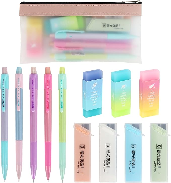 Buqoo Mechanical Pencil Set, 5PCS 0.5mm Cute Pastel Mechanical Pencils, 3 Candy Jelly Gradient Eraser with 80PCS HB 0.5 Lead Refill and Zipper Bag Pencil Kit for Art, Drawing Pencils for Sketching