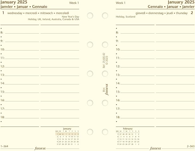 Filofax Calendar Diary Refill, Mini Size, Day on One Page with Appointments, Ruled, Cotton Cream Paper, Multilingual: Four Languages, 2025 (C68142-25)