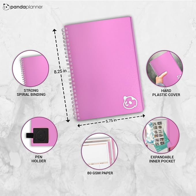 Panda Planner 2026 Undated Weekly Planner, Weekly To Do List Notebook with Spiral Binding - 5.75” x 8.25”, 52 Weeks - Undated Planner with Habit Tracker Notebook for Home, School & Office (Pink)