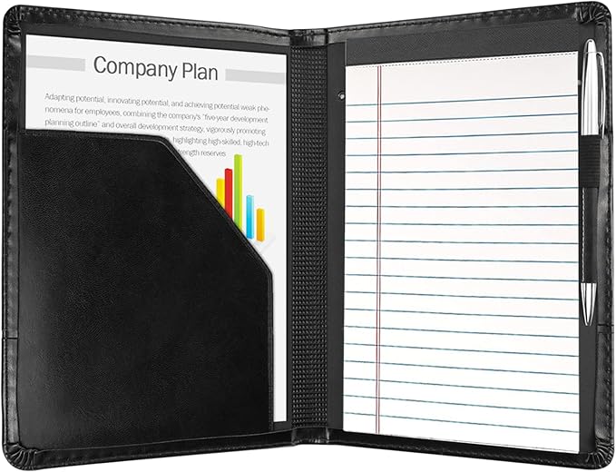 Classic Padfolio/Junior Portfolio Folder Case, Business A5 Binder Organizer Notepad for Men Women, 5 x 8 Writing Pad Included,Black.