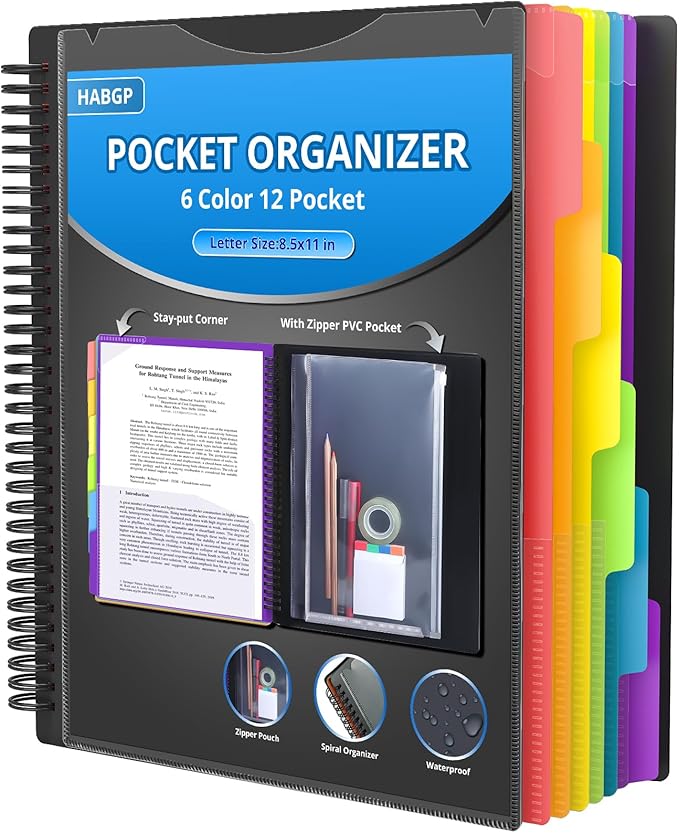 HABGP 12 Pocket Plastic folders with Pockets, 6 Colors Multi Pocket Folder Binder with Dividers, Office Organizer Folder Letter Size School Supplies