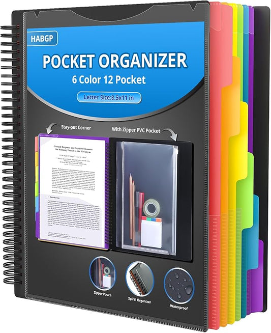 HABGP 12 Pocket Plastic folders with Pockets, 6 Colors Multi Pocket Folder Binder with Dividers, Office Organizer Folder Letter Size School Supplies