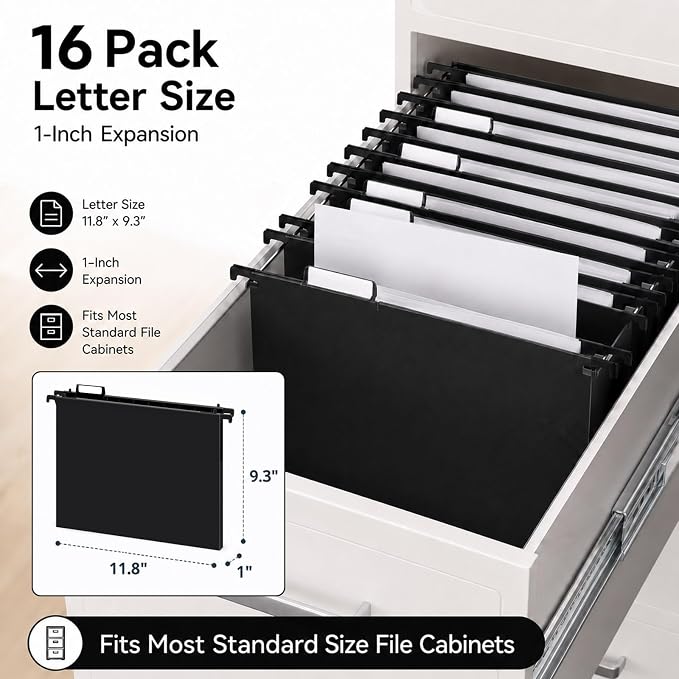 gisgfim 16 Pack Plastic Hanging File Folder Letter Size 1inch Expanding File Folders with Tabs Extra Capacity Hang Folders Heavy Duty for Filing Cabinet Designed for Bulky Files, Black