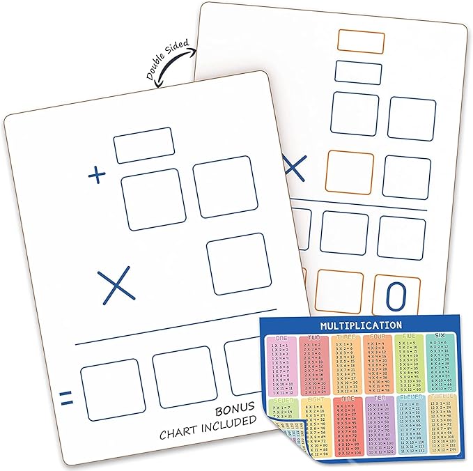 2 Pack Dry Erase Long Multiplication Board 9"x12" Double Sided Practice Whiteboard with 2x1 & 2x2 Digit Multiplication for Home, School, Classroom, Kids, Students Math Manipulatives Lapboard