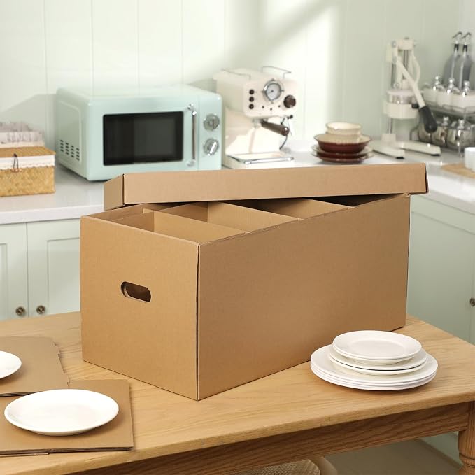Fuyoooo 2 Pack Large Dish Packing Boxes for Moving with Divider 24 x 12 x 11 Inch Kitchen Moving Boxes with Reinforced Handle Lid Packing Supplies for Dishes and Glassware