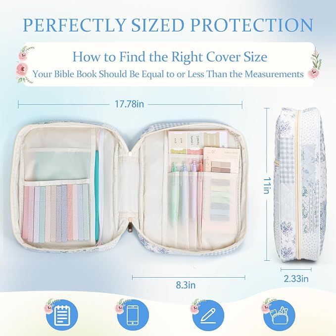 Bible Cover Case for Women Large Quilted Bible Carrying Bag with Handles Bible Study Supplies & Accessories Christian Gifts for Women(Cotton-Blue Patchwork, M)