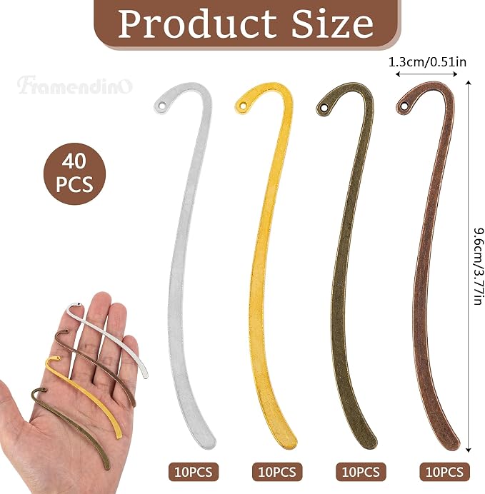 Framendino, 40 Pack Vintage Metal Bookmarks with Hook for Reading Enthusiasts (Silver & Gold & Bronze & Antique Copper)