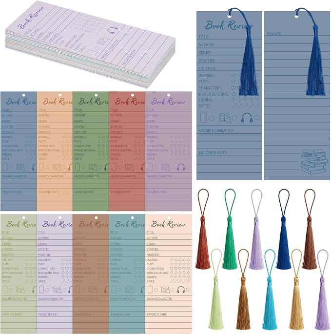 50 pcs Colorful Book Review Bookmarks with 50 Bookmark Tassels Book Tracker Reading Log Page for Readers Bookish Bookworm Gift, Reading Page Tracker for Students Teachers Women(Retro)