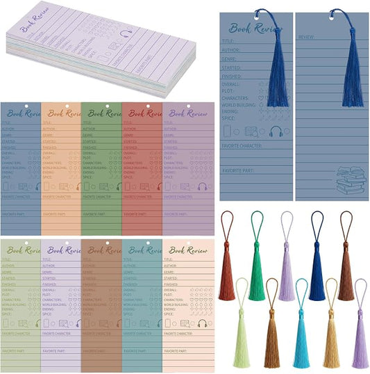 50 pcs Colorful Book Review Bookmarks with 50 Bookmark Tassels Book Tracker Reading Log Page for Readers Bookish Bookworm Gift, Reading Page Tracker for Students Teachers Women(Retro)