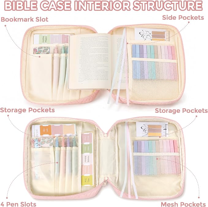 XKDOUS Bible Cover Case for Women, Large Bible Cover with Durable Handle, Washable Quilted Bible Case, Bible Study Supplies & Christian Gifts for Mom, Women, Men (Pink)