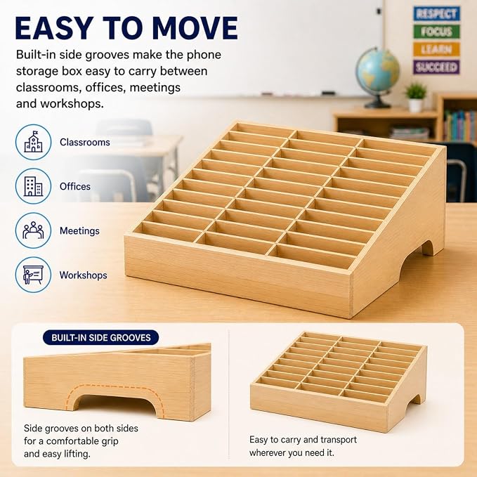 XICHENGSHIDAI 36-Grid Classroom Cell Phone Holder, Wooden Mobile Phone Storage Box, Desk Organizer for Teachers, School and Office