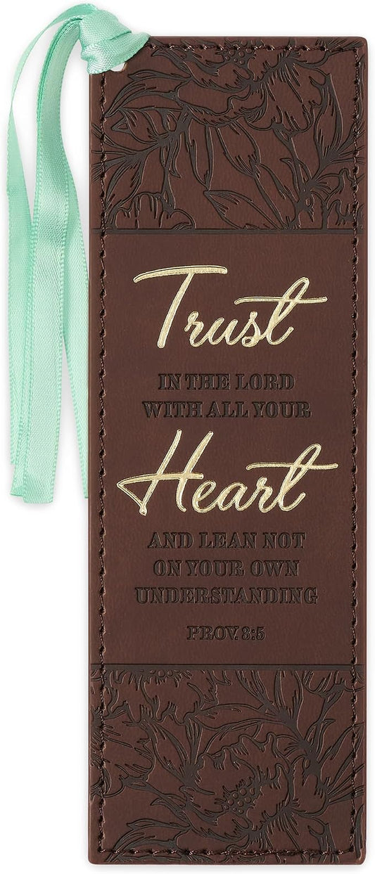 Christian Art Gifts Premium Vegan Faux Leather Scripture Bookmark for Men & Women: Trust in The Lord - Proverbs 8:5 Inspirational Bible Verse, Heat-Debossed, Reading Accessory w/Tassel, Floral Brown