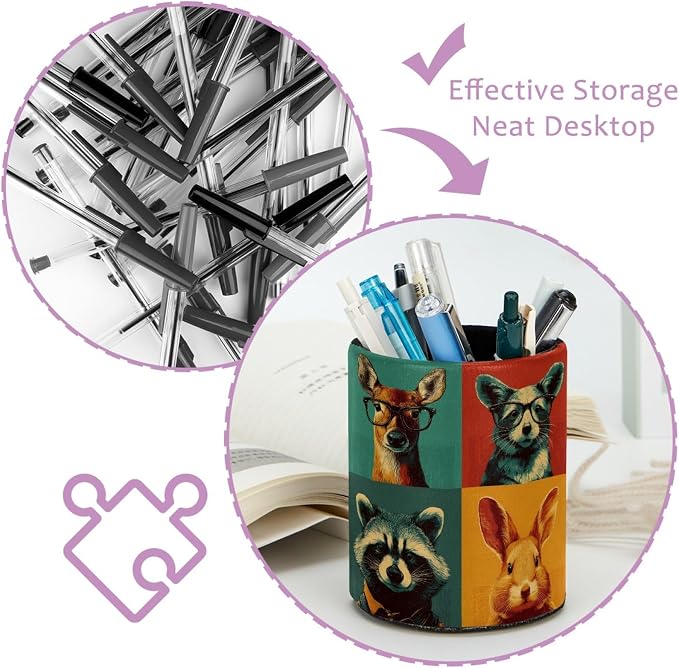 Vintage Animals Pen Holder Pencil Organizer for Desk, 3.1” x 3.1” x 3.9” Pencil Cup Office Supplies, Large Capacity Cute Pen and Makeup Brush Holder for Home, School, Desktop