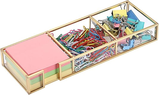 BTSKY Golden Glass 3 In 1 3x3 Inch Sticky Note Holder, Elegant Post It Note Dispenser Paper Clip Holder with Non-Slip Pads Clear Notepad Holder for Desk Organization Planning, Home Office Decor
