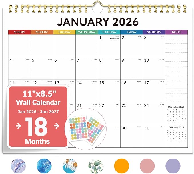 Forvencer 2026 Calendar, 18-Month Wall Calendar 2026, Jan 2026 to Jun 2027, 11" x 8.5" Monthly Planner Calendars with Note Pages & Stickers, Unruled Blocks, Spiral Binding Hanging for Home Office