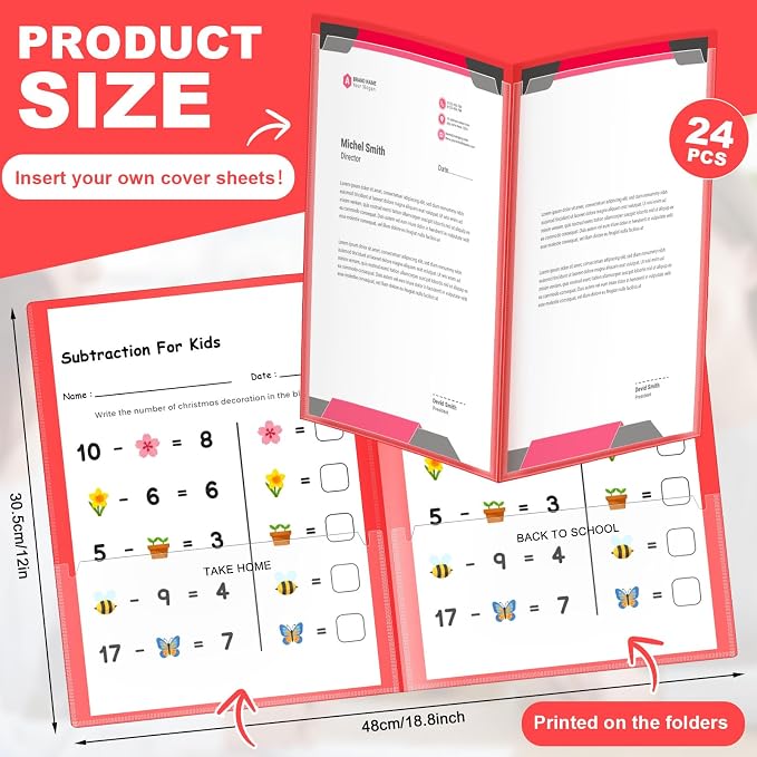 Henoyso 24 Pcs Take Home Folder Heavy Duty 2 Clear Front Pockets and 2 Inside Pockets Homework Folders for School Students Parent Teacher Classroom Communication(Red)