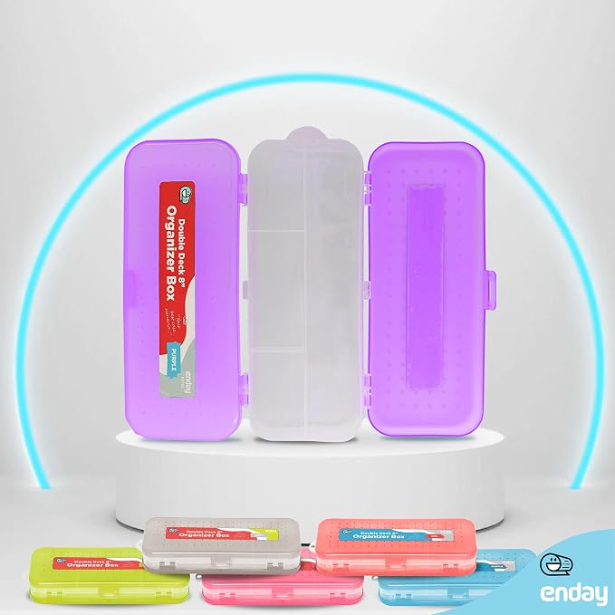 Enday Pencil Box Purple, Plastic Double Deck Pencil Case with 7 Compartments, Box Organizer with Snap Closure for Home and Office