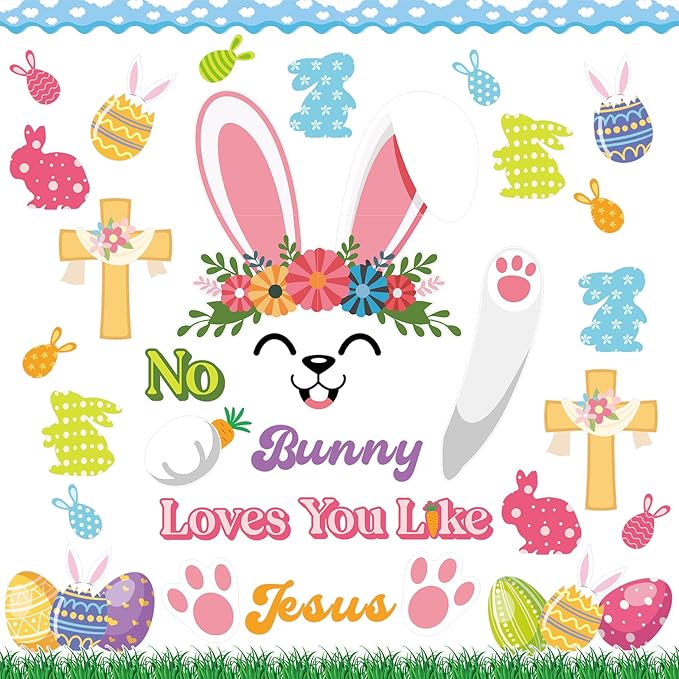 109Pcs Easter Bunny Christian Cross Bulletin Board Set No Bunny Loves You Like Jesus Eggs Cutouts Spring Rabbit Religious Bulletin Board for Bible Sunday School Chalkboard Church Wall Door Decor