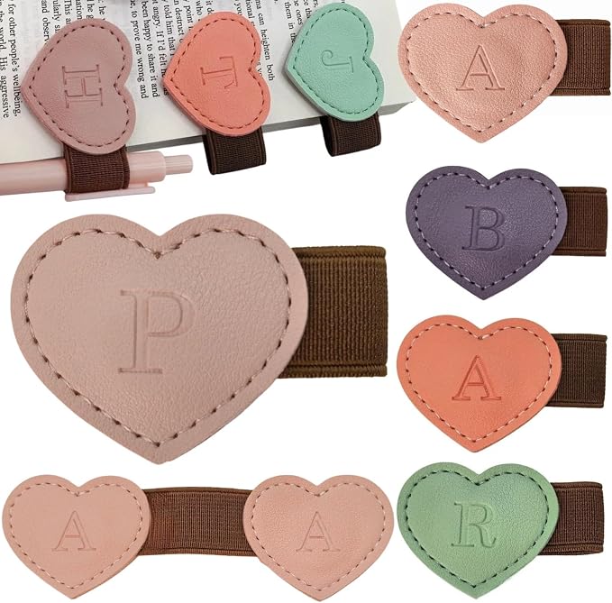 Personalized Magnetic Leather Heart Bookmark with Pen Holder - 26 Letters Custom Book Mark Notebook Pencil Loop with Initial Book Marker for Readers, Book Lovers- Gifts for Women Men(Pink,P)