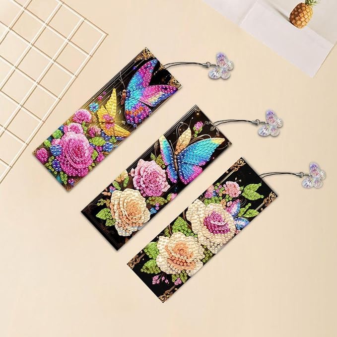ARTopet 3Pcs DIY Diamond Art Painting Bookmarks with Colorful Butterfly Pendant PET Bookmark Ornament Double Sided Pattern Single Sided Diamond Book Marker Clip Gifts Tags-Colorful Butterfly