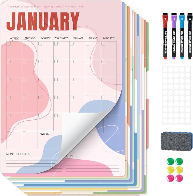 Ospelelf Undated Dry Erase Wall Calendar 12 Month, 12" x 17" Laminated Yearly Calendar for Home, Reusable Fridge Calendar 2026, 12 Sheets