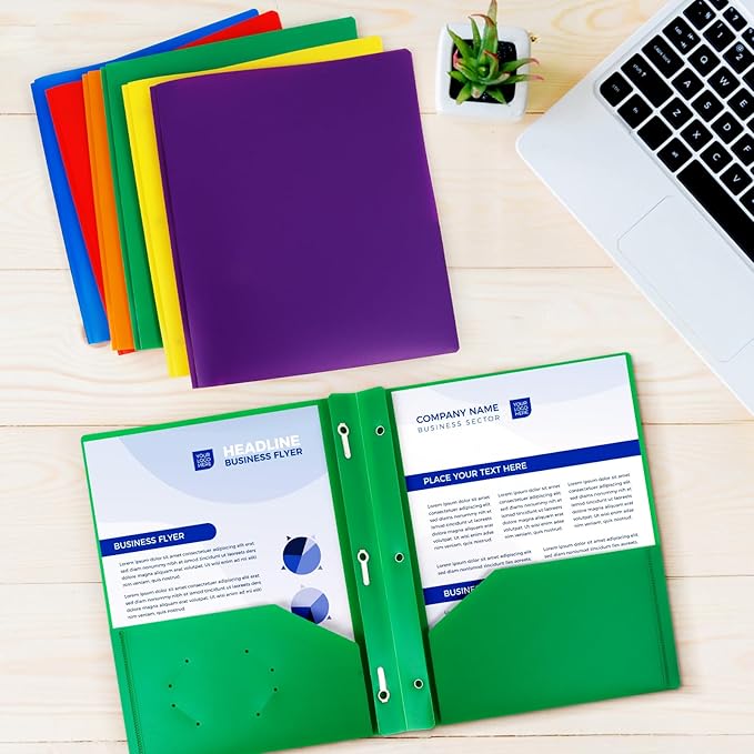 6-Pack Green Plastic Folders with Pockets and Prongs,2-Pocket Folders with 3 Fasteners, Holds US Letter Size Paper for School/Office/Home