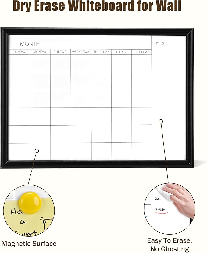 TORASO Dry Erase White Board & Monthly Calendar Board, Magnetic Whiteboard for Wall, Office/School/Home, Hanging Board for Decoration/Kitchen/Memo, Black Wood Frame, 10.5"x 14.5"(YL-BK-2737-A)