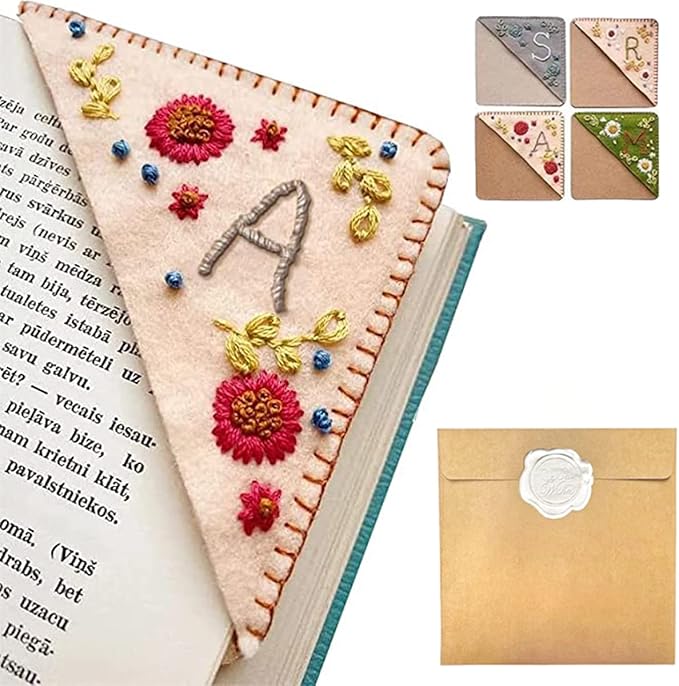 Personalized Hand Embroidered Corner Bookmark, 26 Letters Hand Stitched Felt Corner Letter Bookmark, Cute Flower Embroidery Bookmarks for Book Reading Lovers Meaningful Gift (Fall，A