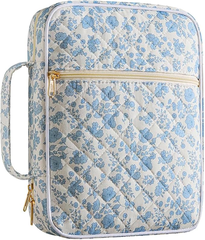 Bible Bag Cover Case for Women Bible Carrying Bag with Handles Bible Study Supplies & Accessories Christian Gifts for Women (White Blue)