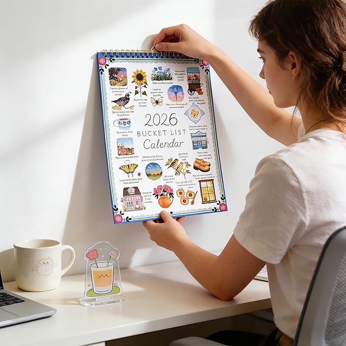 2026 Bucket List Calendar | 12-Month Wall Calendar with Illustrated Monthly Pages, Inspirational Monthly Goal Planner Spiral Wall Calendar, DIY-Friendly & Daily Prompts Women Gift for Friends (2026 Bucket List Calendar)