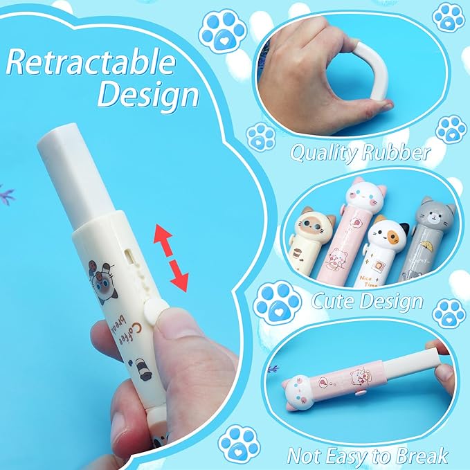 Benvo 4 Pcs Sliding Retractable Pencil Erasers with Cute Cat Plastic Sleeve Kawaii Erasers for School Home Office Clean Erase Rubber(4 Colors)