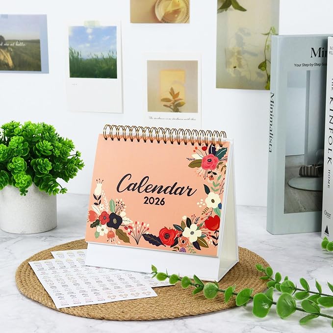 MultiBey Small Desk Calendar 2025-2026, Standing Flip Calendar for Desk with Floral Cover, 6.5" x 6.5", July 2025 to December 2026, 18-Month Desktop Calendar, To-Do Notes & Stickers for Planning (Flower House)