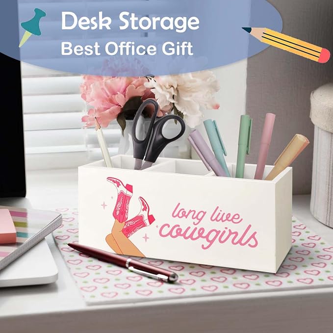 SNNDER Long Live Cowgirls Pen Holder for Desk, Preppy Pink Western Cowgirl Wooden Box Sign Desk Decor for Home Office Tabletop Shelf Decoration, Country Girl Gifts Pencil Organizer