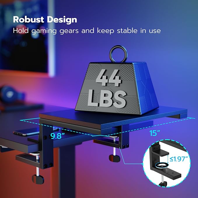ARES WING Clamp-On Desk Extender & Monitor Shelf – 15" x 9.8" Space Booster, Freestanding or Clamp Mount, Holds 44 lbs, No Drill Desktop Organizer for Office/Gaming, Black