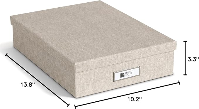 Bigso Oskar Fiberboard Label Frame Document Letter Box for Important Paperwork A4 or Letter Size - Durable Keepsake Box with Lid and Metal Label Holder - 3.3in x 10.2in x 13.8in - Melange Beige
