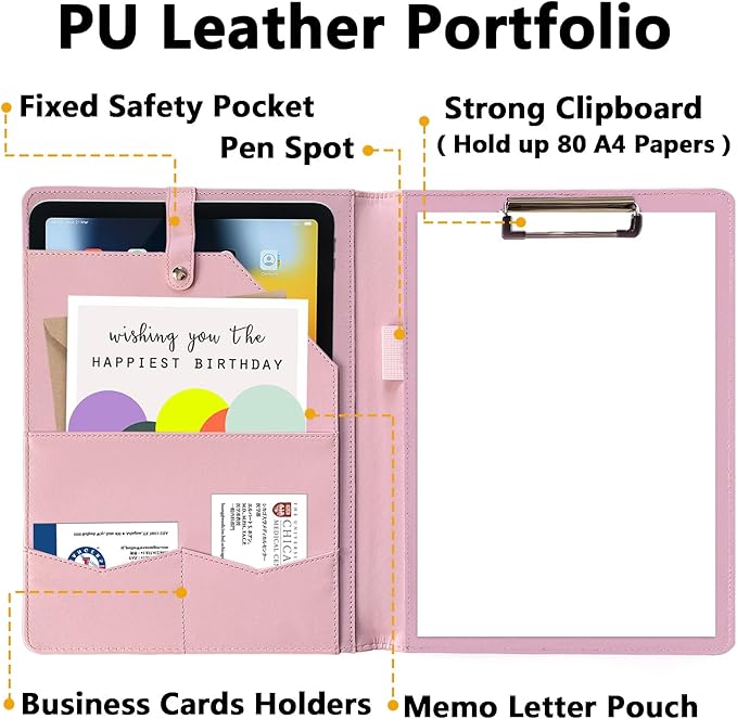 Portfolio Folder Padfolio with A4 Clipboard, PU Leather Portfolio Clipboard Business Binder Writing Clip Board Organizer for Legal Documents Business Card Men Women Pink