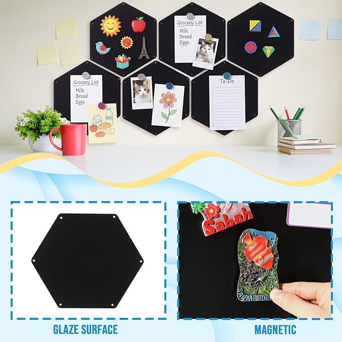 LEIFIDE 6 Pcs Black Magnetic Board 12 x 10 Inch Wall Mounted Hexagonal Magnet Bulletin Board Suitable for Displaying Notes Memos Photos Office Supplies Kitchenware Vision Boards, Equipped with Screws