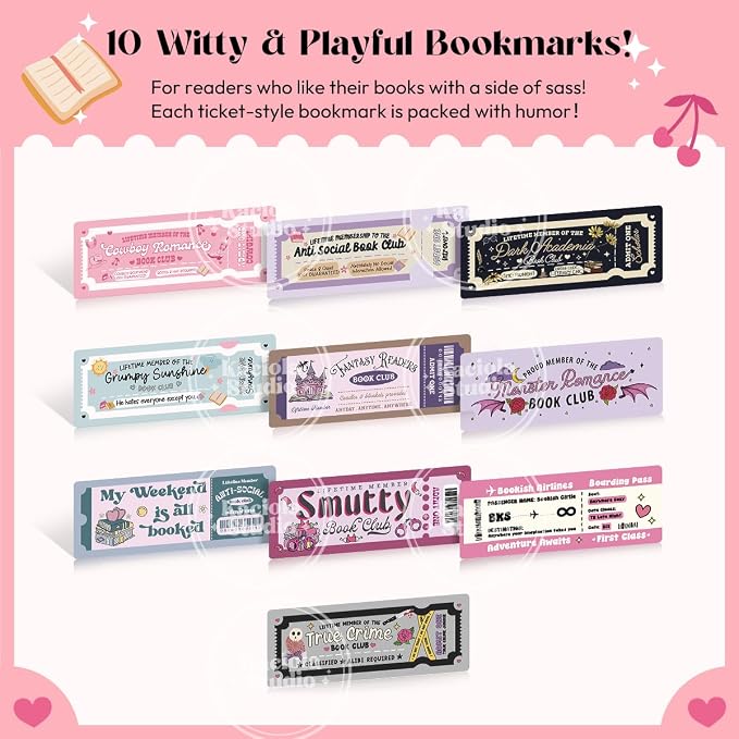 Kaciola 10PCS Funny Bookmarks for Women, Booklovers Club Ticket Theme Book Marks Bookish Items Gift, Cute Bookmarks for Women Booklovers Teachers Adults Reading