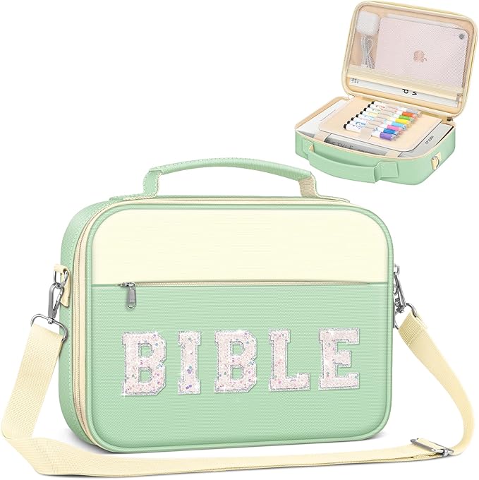 FINPAC Large Bible Cover w/Shoulder Strap, Carrying Book Case Church Bag Bible Protective w/Pen Slots and Zippered Pocket, Gift for Women Lady, Letter Green