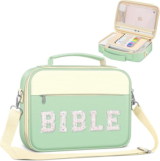 FINPAC Large Bible Cover w/Shoulder Strap, Carrying Book Case Church Bag Bible Protective w/Pen Slots and Zippered Pocket, Gift for Women Lady, Letter Green